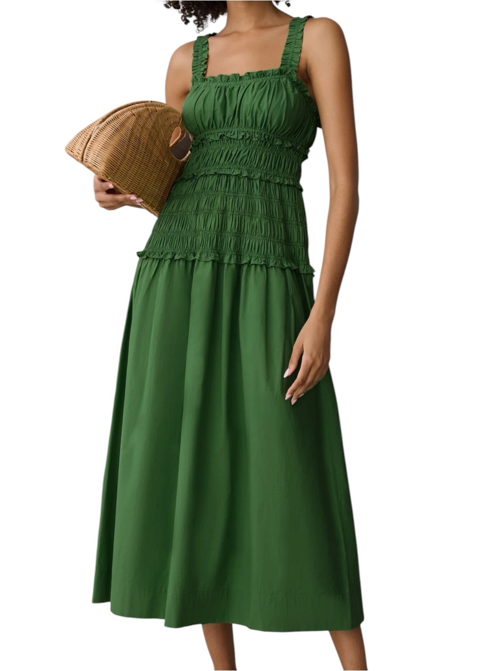 Few Moda o.p.t. Freya Dress Fern Green Smocked Midi Square Neck Ruffle Strap